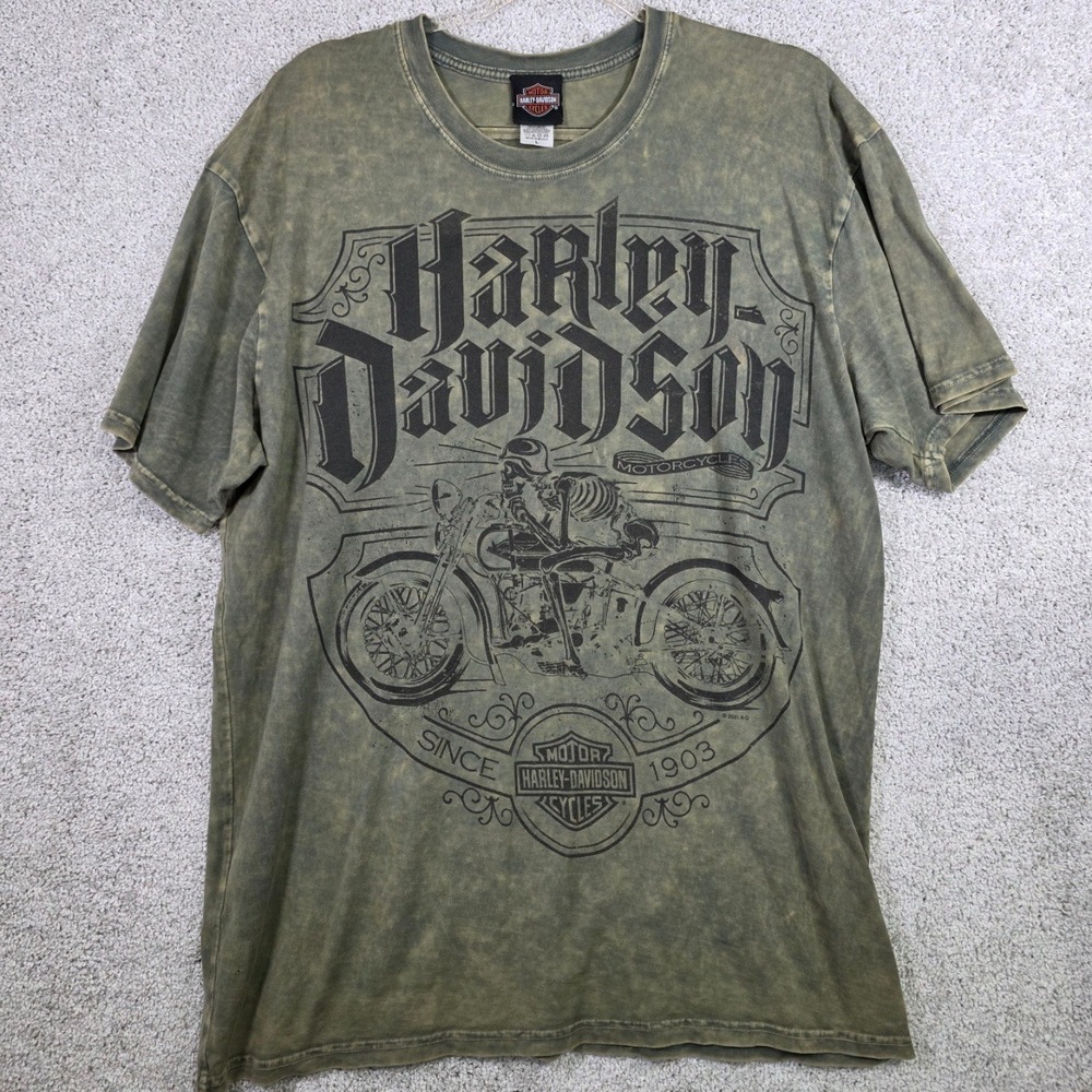 Harley Davidson SAMPLE Shirt Mens L Olive Acid Wash Skeleton Biker‎ Graphic Tee